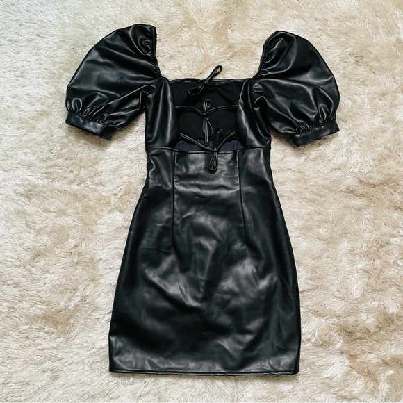 H&M Divided Faux Leather Puff Sleeve Tie back Mini Dress - Picture 8 of 13